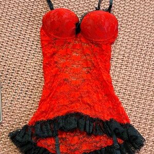 Shirley of Hollywood Red Lace Bustier Chemise with Black Trim